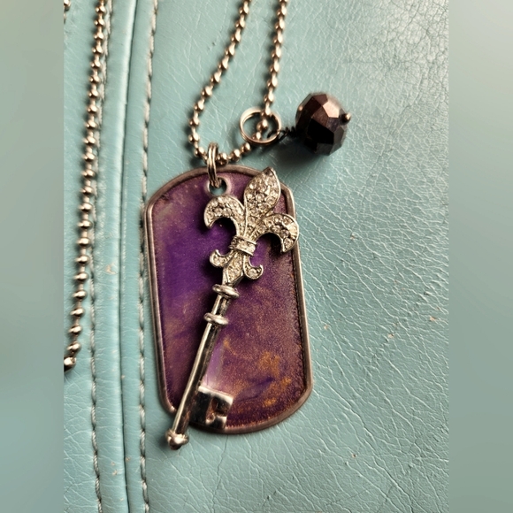 CHROME HEARTS Purple Pendant Rhinestones Fleur de Lis Silver Crystal Dog Tag 24" - Picture 8 of 16